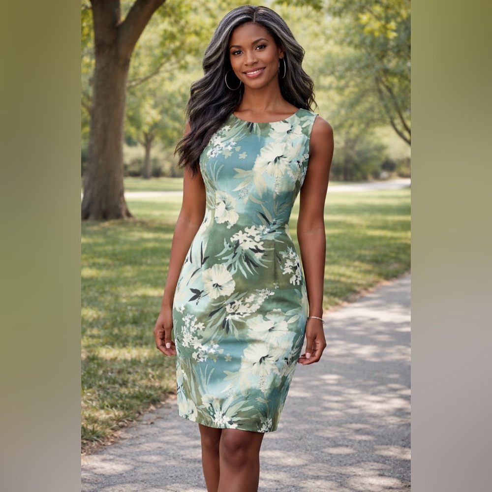 Connected Dress Green 6 Floral Stretch Sheath Washable Career Church